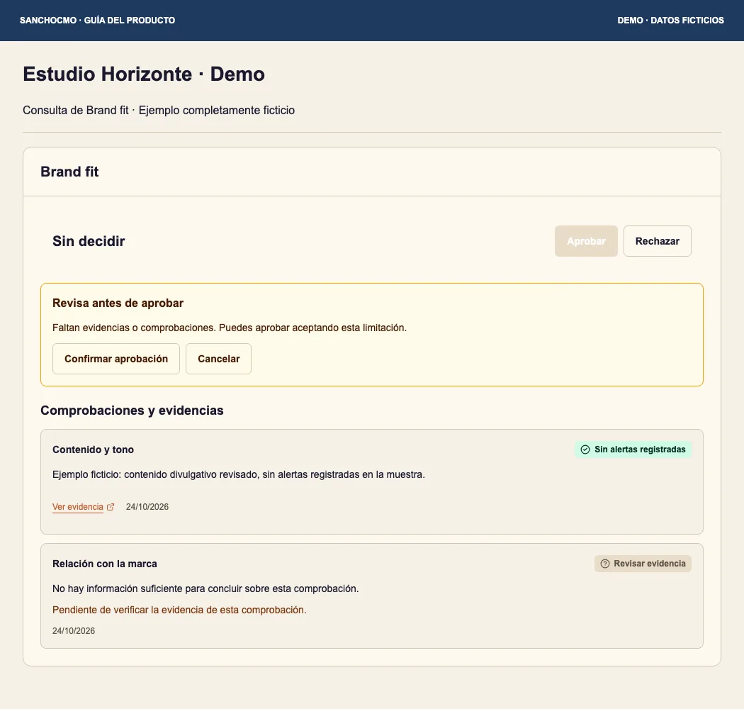 Demo confirmation warning about incomplete evidence. No approval was submitted for this screenshot.