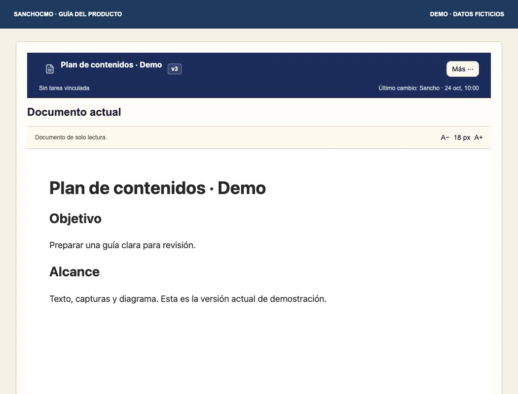 Fictional document and header: title, v3 and last change help identify the current version.