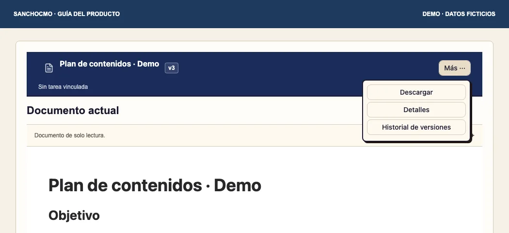 The Más ··· menu contains Detalles and Historial de versiones in the reader.