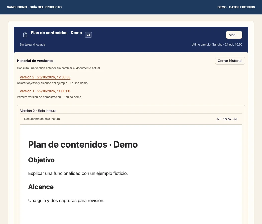 The selected revision is labeled Versión 2 · Solo lectura; it does not replace the header’s v3.