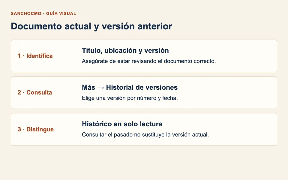 Identifica el documento, abre su historial y distingue la revisión histórica de la versión actual.