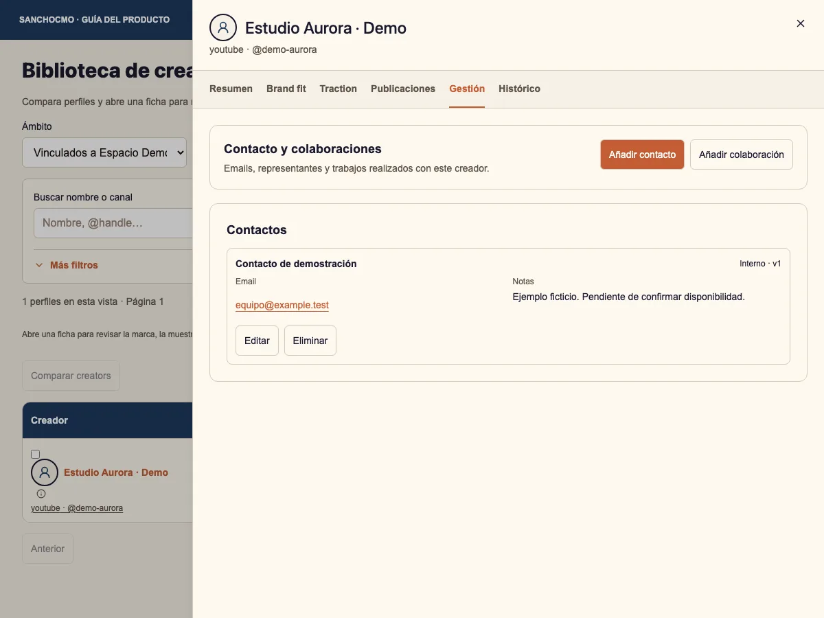The fictional record’s Gestión tab shows a contact marked Interno (Internal).