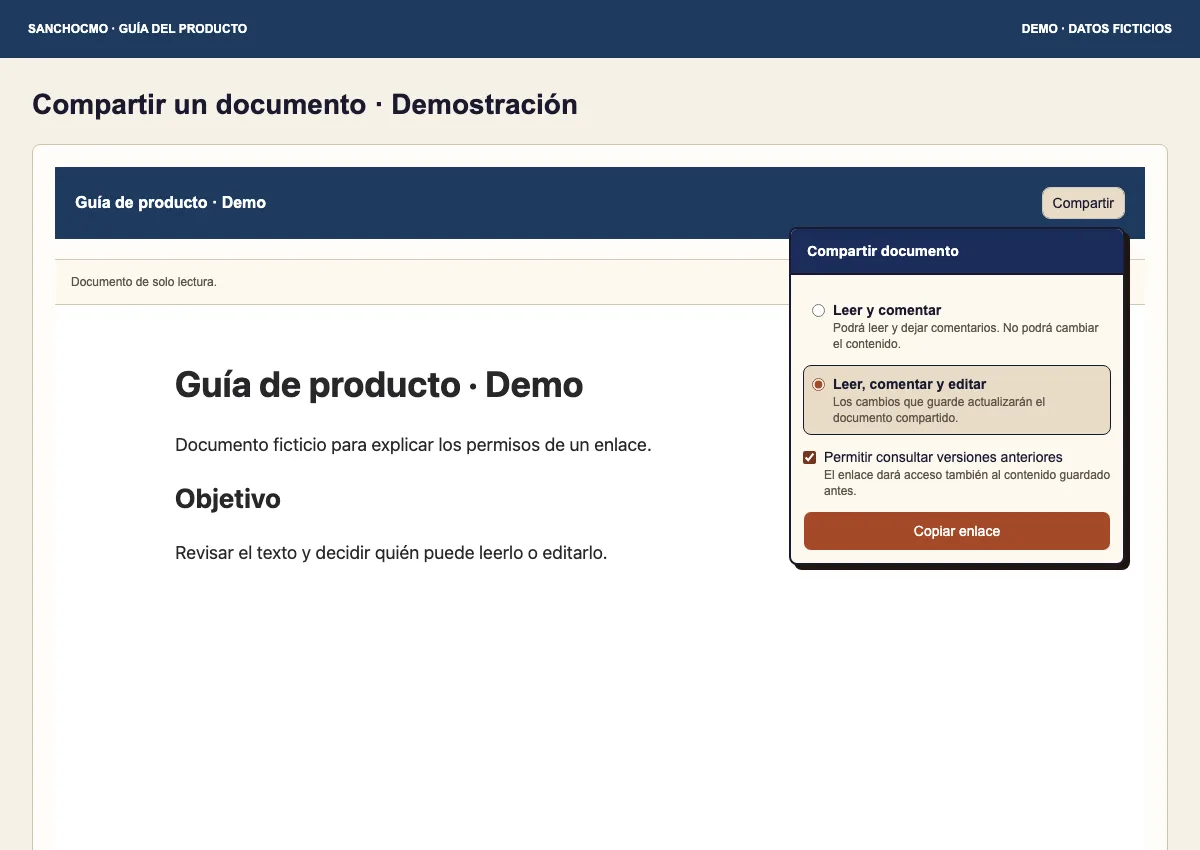 Leer, comentar y editar concede cambios sobre el documento. El acceso al historial tiene su propia casilla.