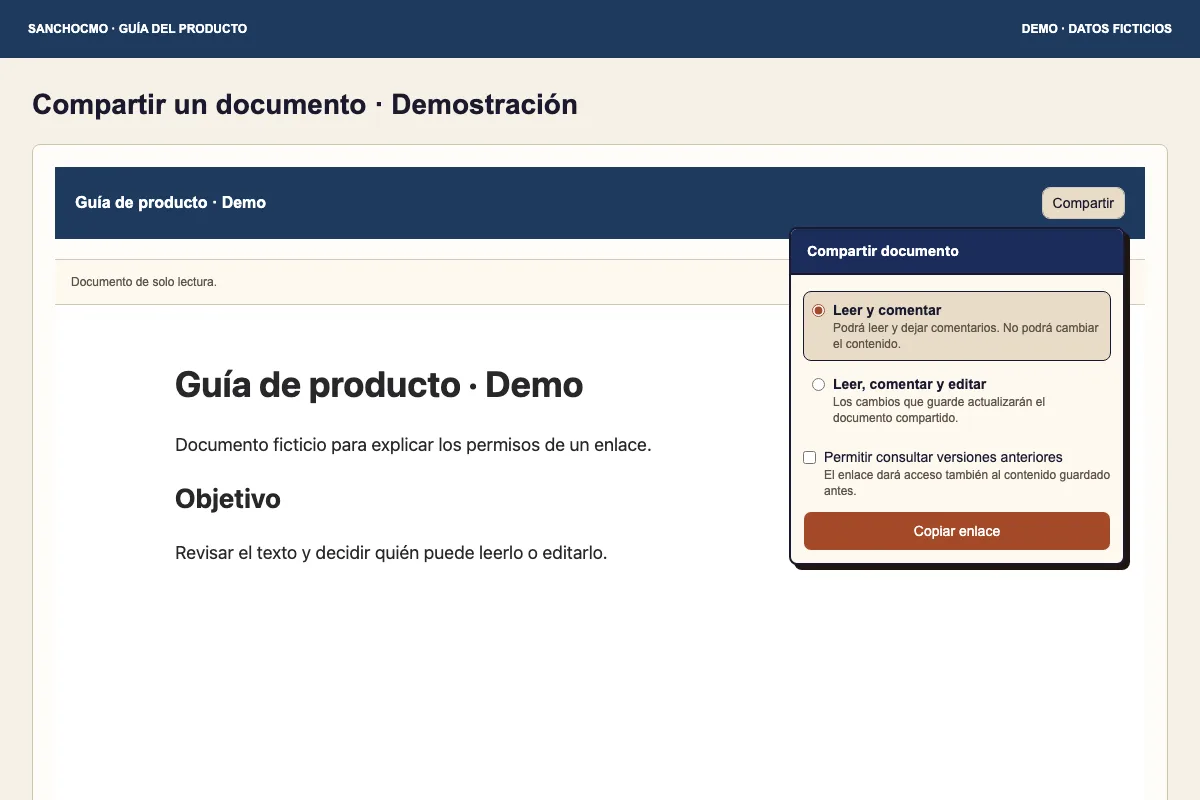 Panel Compartir documento con Leer y comentar seleccionado. El documento del ejemplo es ficticio.