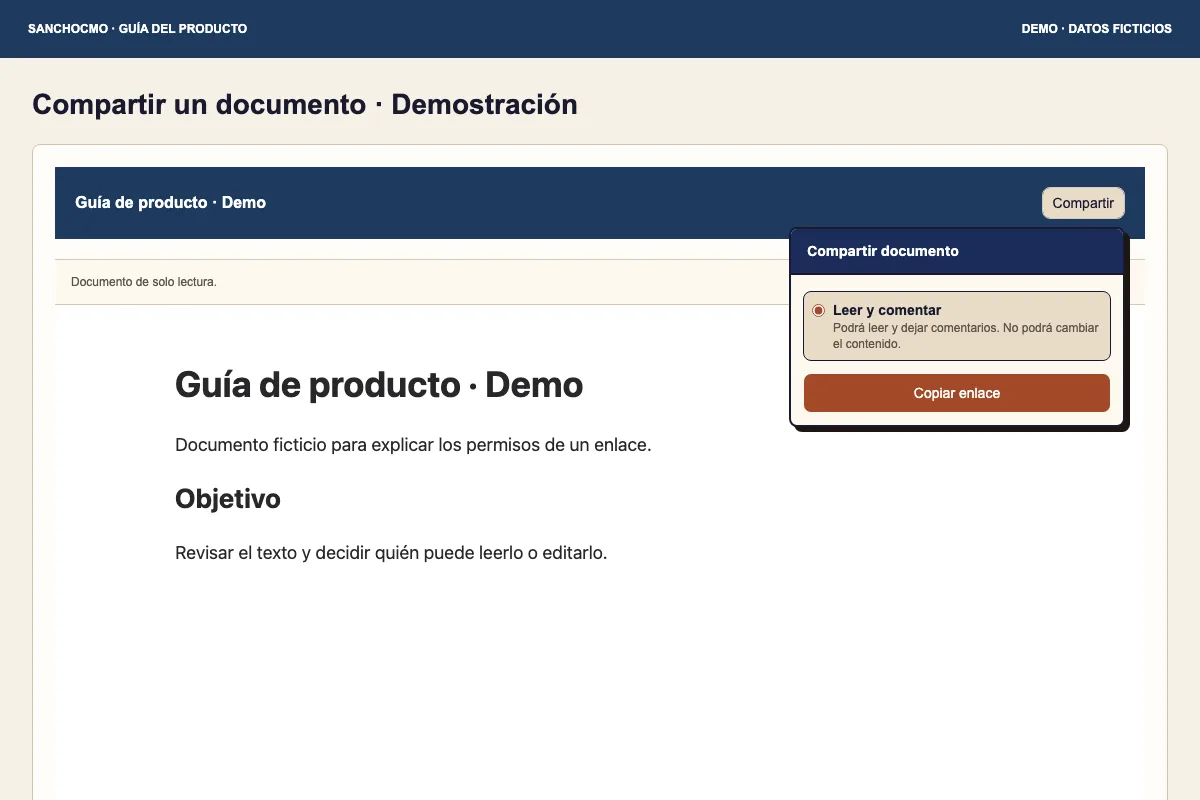 Ejemplo de una cuenta que sólo puede ofrecer Leer y comentar: edición e historial no aparecen.