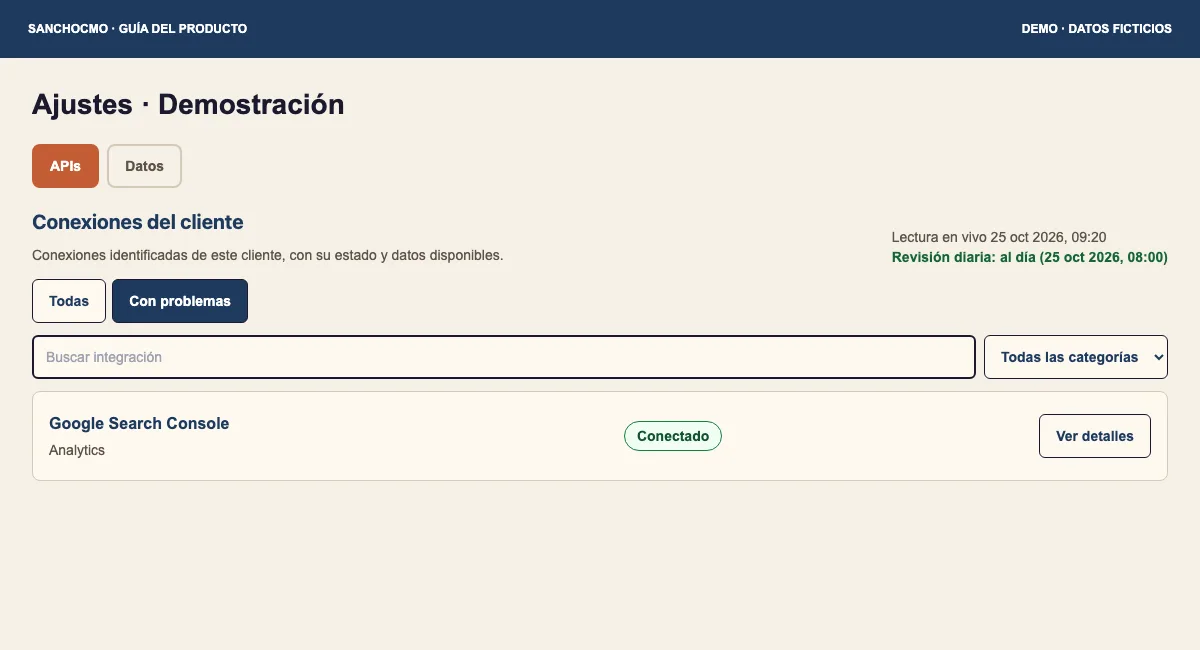 APIs remains Conectado in the example: access and the latest collection attempt are separate states.