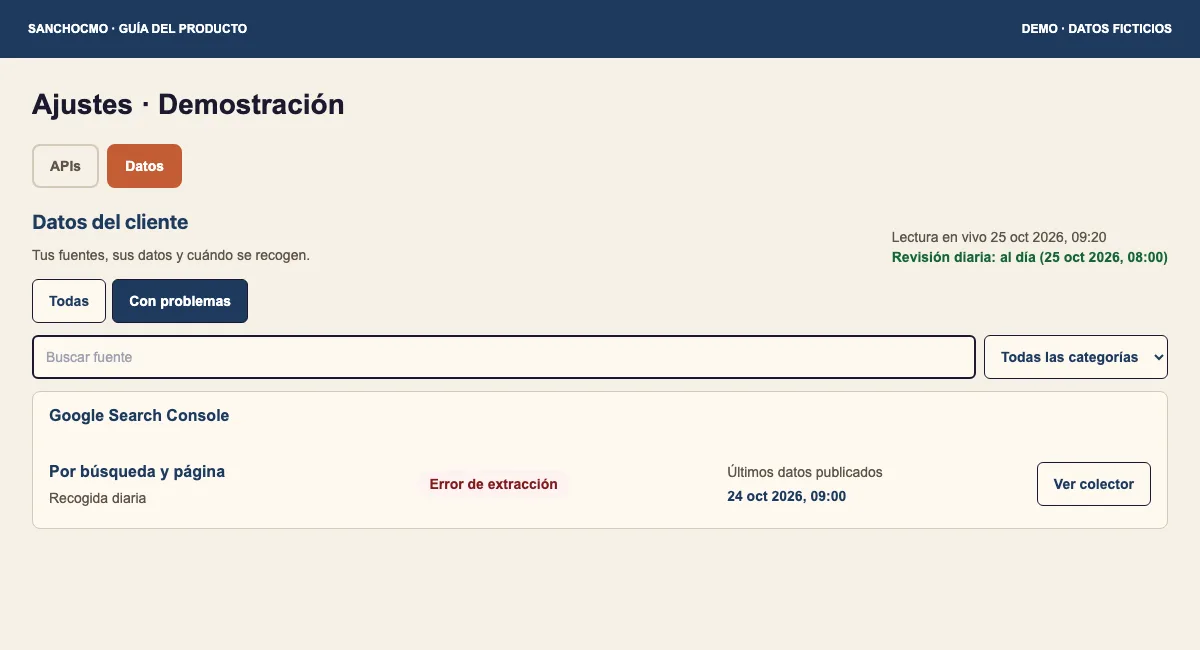 Ajustes → Datos with Con problemas selected and a fictional source marked Error de extracción.