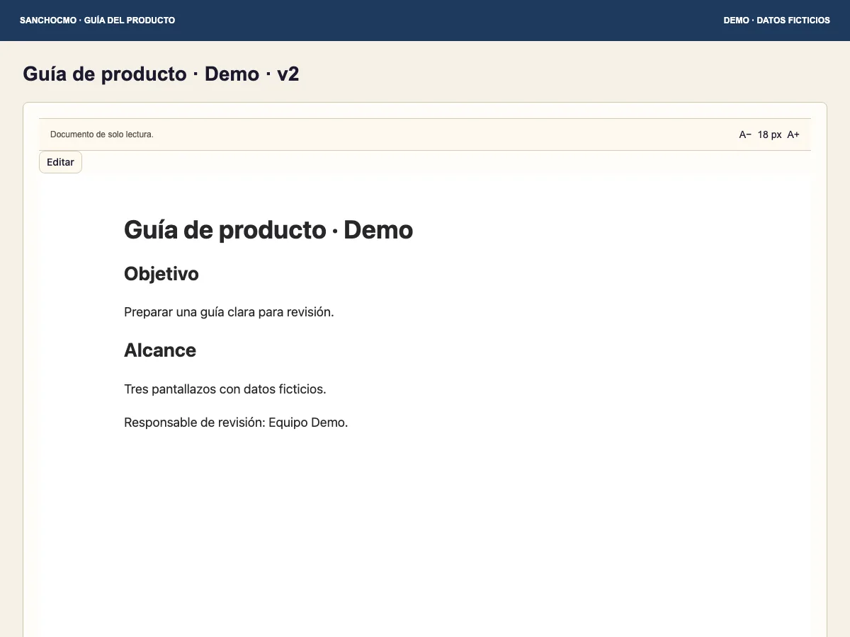 El lector del ejemplo local muestra el texto actualizado después del guardado de demostración.